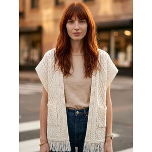 Aran Crafts Cream Cable-Knit Fringe Open Vest